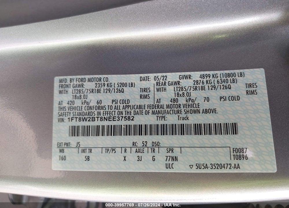 2022 FORD F-250 LARIAT VIN: 1FT8W2BT8NEE37582