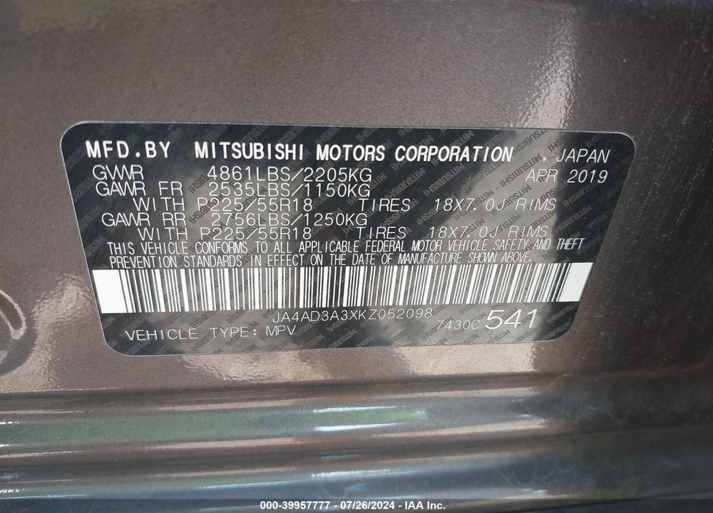 2019 MITSUBISHI OUTLANDER LE VIN: JA4AD3A3XKZ052098