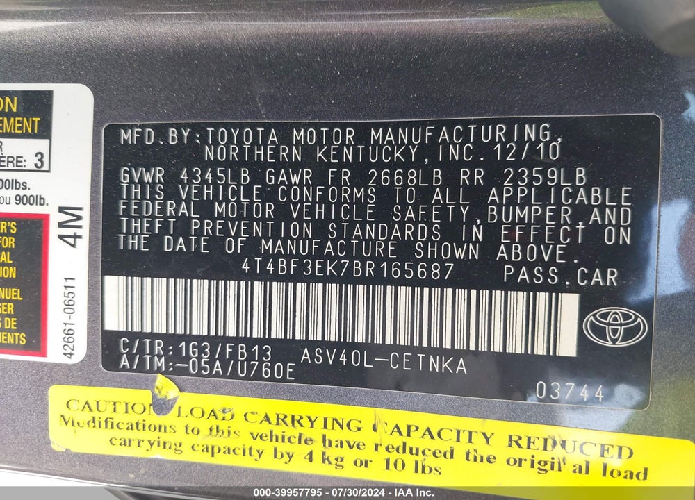 2011 TOYOTA CAMRY LE VIN: 4T4BF3EK7BR165687