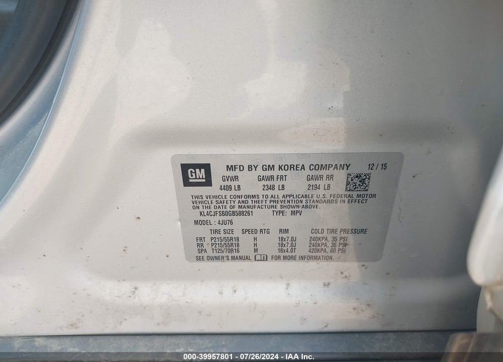 2016 BUICK ENCORE CONVENIENCE VIN: KL4CJFSB0GB588261