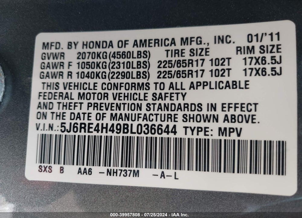 2011 HONDA CR-V SE VIN: 5J6RE4H49BL036644