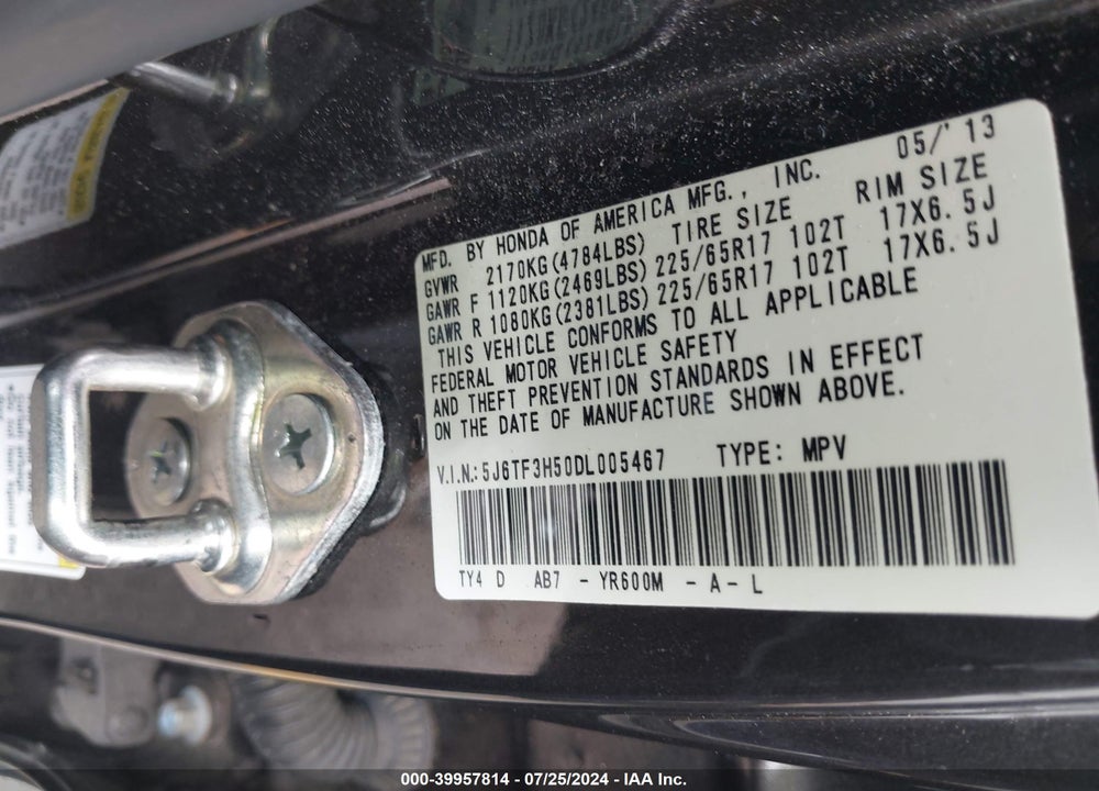 2013 HONDA CROSSTOUR EX-L VIN: 5J6TF3H50DL005467