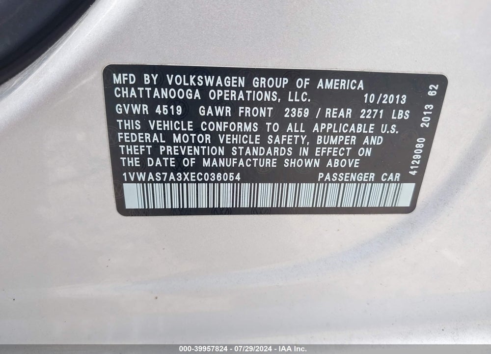 2014 VOLKSWAGEN PASSAT 1.8T WOLFSBURG EDITION VIN: 1VWAS7A3XEC036054
