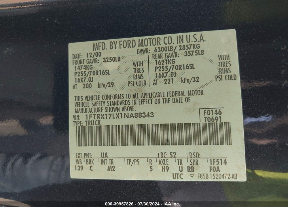 2001 FORD F-150 LARIAT/XL/XLT VIN: 1FTRX17LX1NA88343