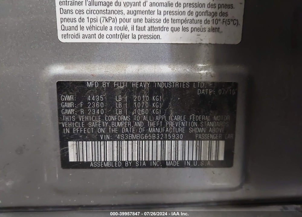2011 SUBARU LEGACY 2.5I PREMIUM VIN: 4S3BMBG65B3215930