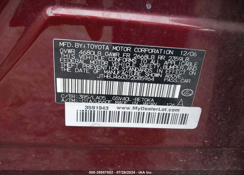 2007 LEXUS ES 350 VIN: JTHBJ46G372085964