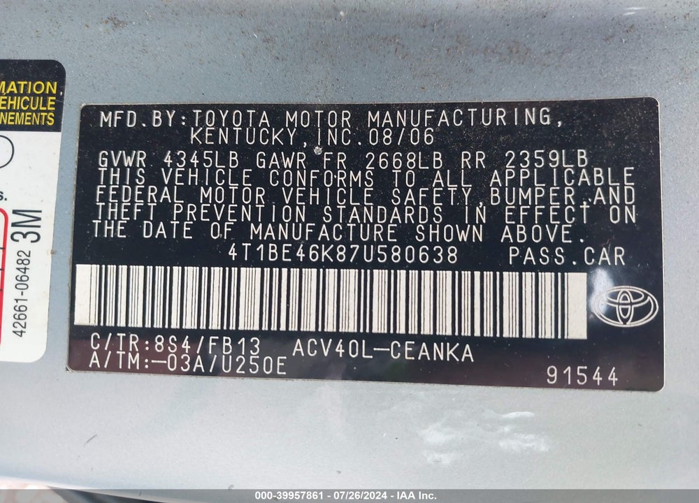 2007 TOYOTA CAMRY CE/LE/SE/XLE VIN: 4T1BE46K87U580638