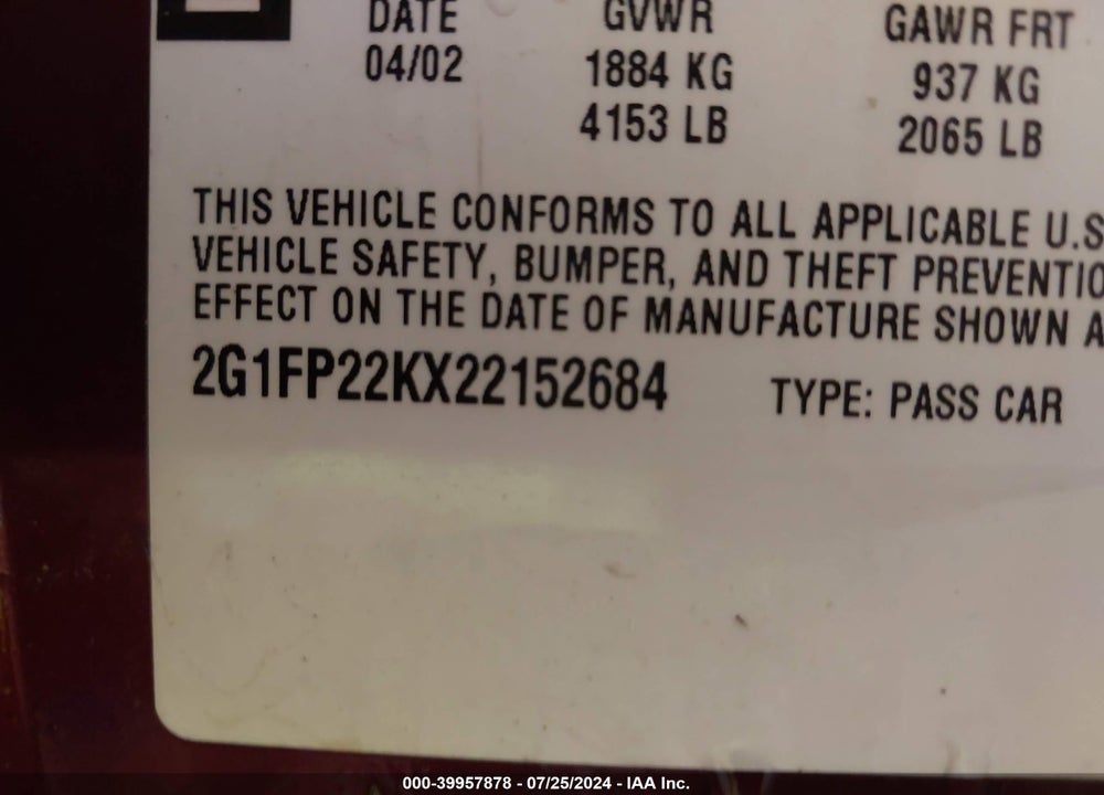2002 CHEVROLET CAMARO VIN: 2G1FP22KX22152684