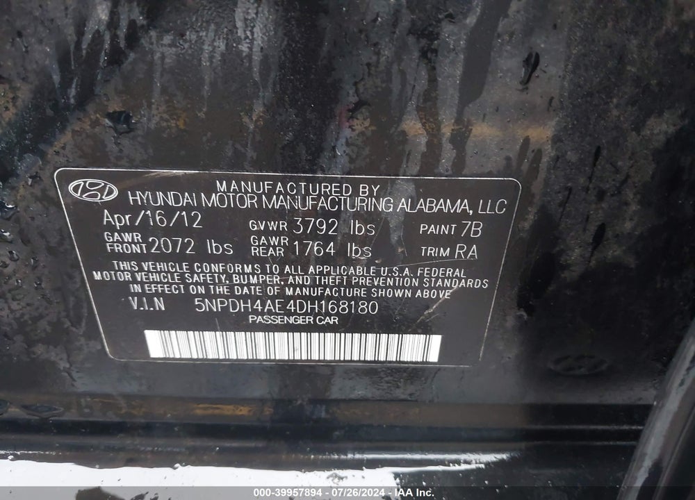 2013 HYUNDAI ELANTRA GLS VIN: 5NPDH4AE4DH168180