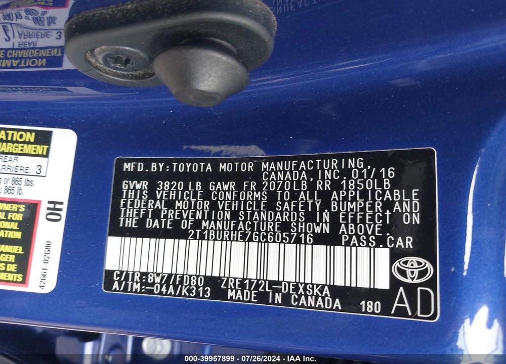 2016 TOYOTA COROLLA L/LE/LE PLUS/LE PREMIUM/S/S PLUS/S PREMIUM/S W/SPECIAL EDITION PKG VIN: 2T1BURHE7GC605716