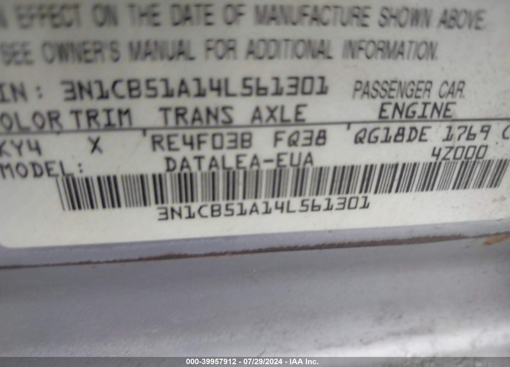 2004 NISSAN SENTRA VIN: 3N1CB51A14L561301