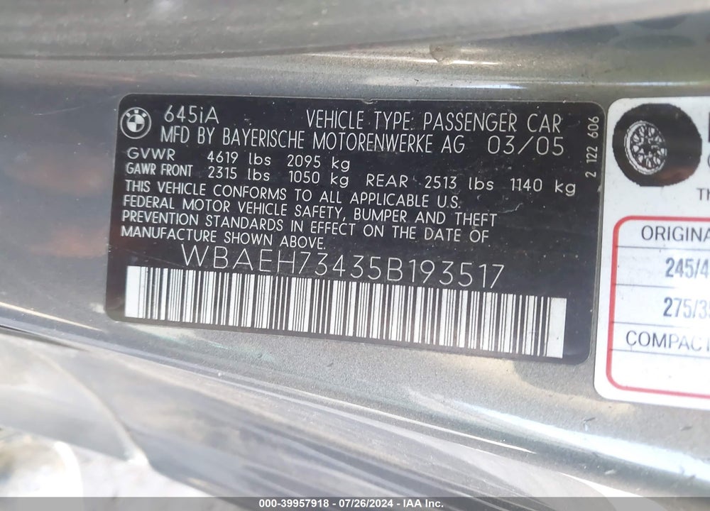 2005 BMW 645CI VIN: WBAEH73435B193517