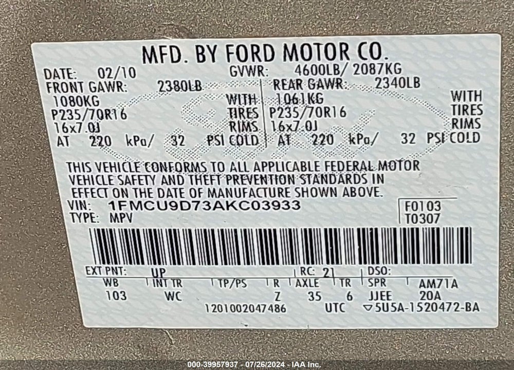 2010 FORD ESCAPE XLT VIN: 1FMCU9D73AKC03933