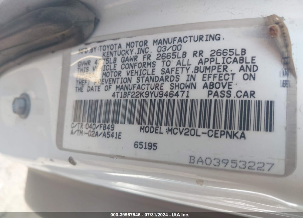 2000 TOYOTA CAMRY LE V6/XLE V6 VIN: 4T1BF22K9YU946471