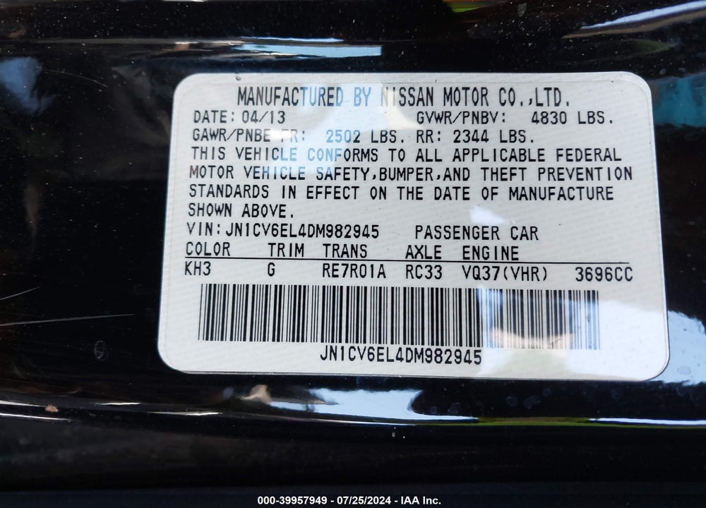 2013 INFINITI G37X VIN: JN1CV6EL4DM982945