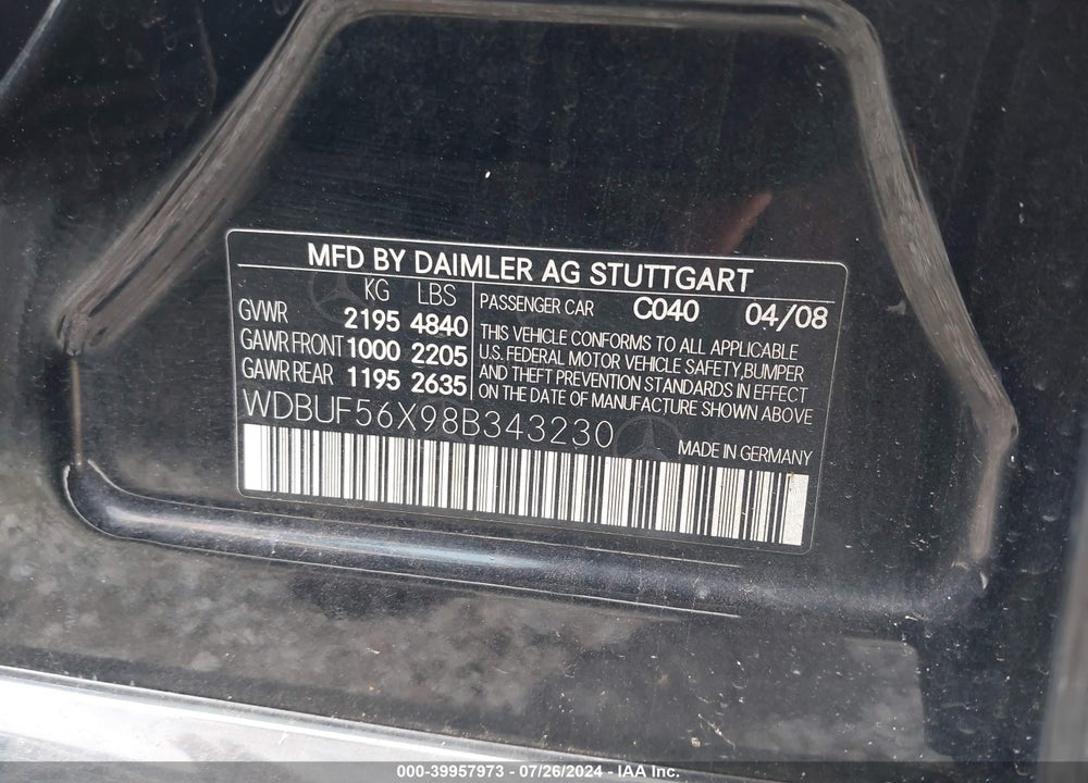 2008 MERCEDES-BENZ E 350 VIN: WDBUF56X98B343230