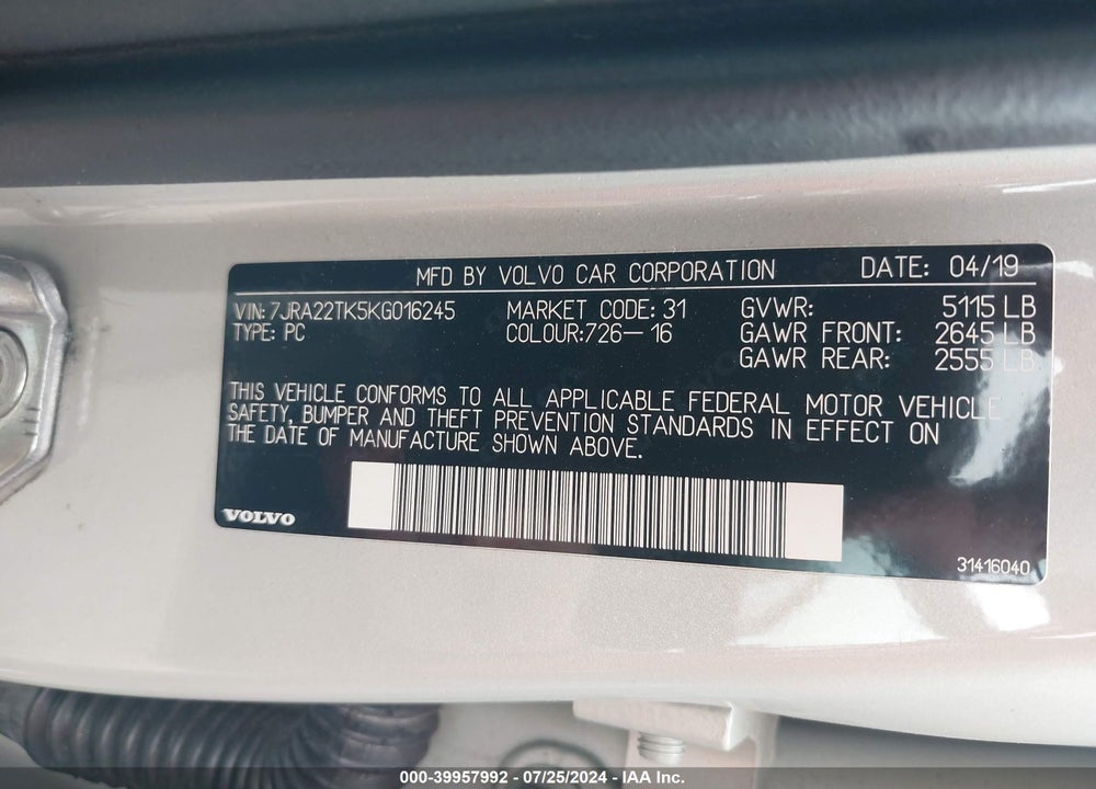 2019 VOLVO S60 T6 MOMENTUM VIN: 7JRA22TK5KG016245