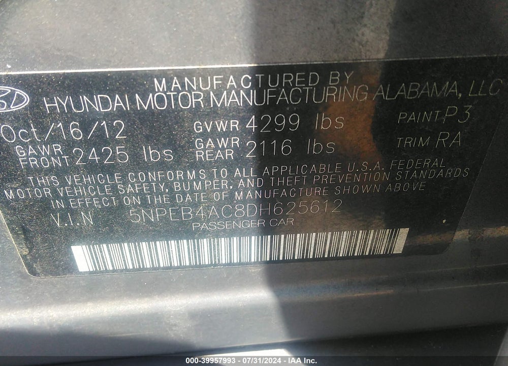 2013 HYUNDAI SONATA GLS VIN: 5NPEB4AC8DH625612