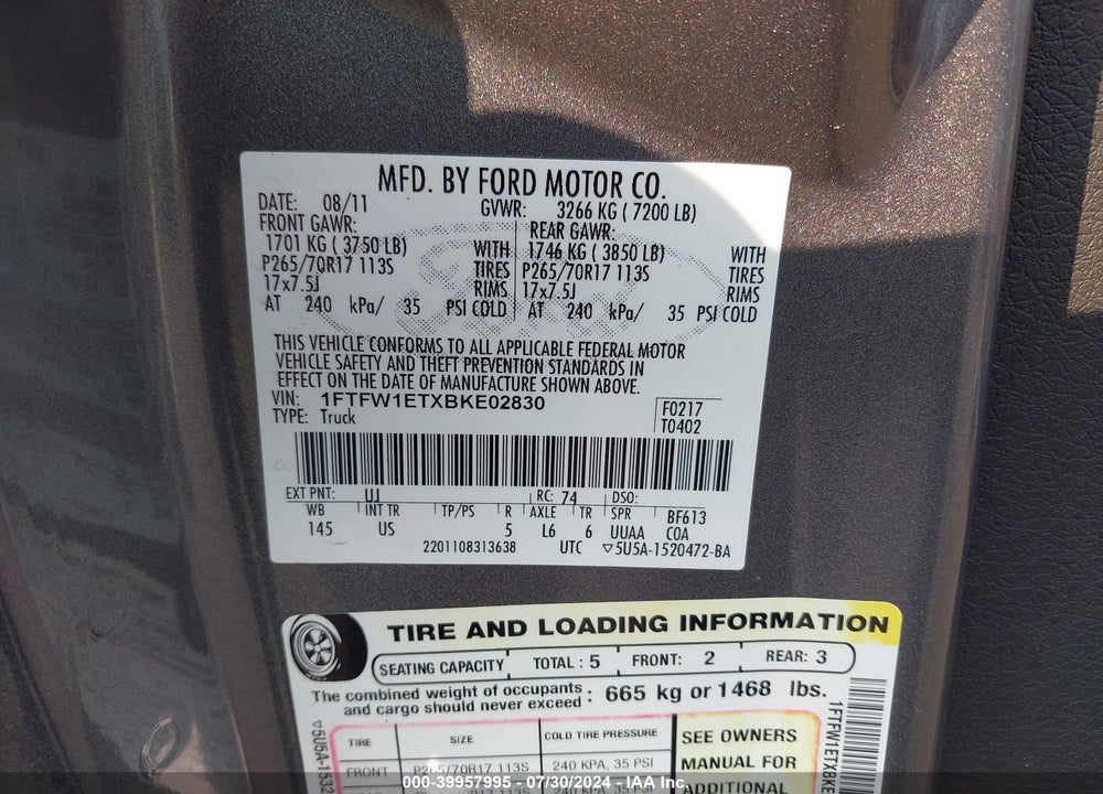 2011 FORD F-150 XLT VIN: 1FTFW1ETXBKE02830
