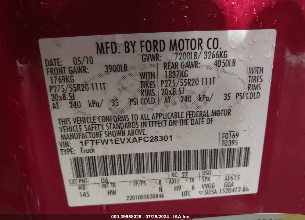 2010 FORD F-150 FX4/HARLEY-DAVIDSON/KING RANCH/LARIAT/PLATINUM/XL/XLT VIN: 1FTFW1EVXAFC28301