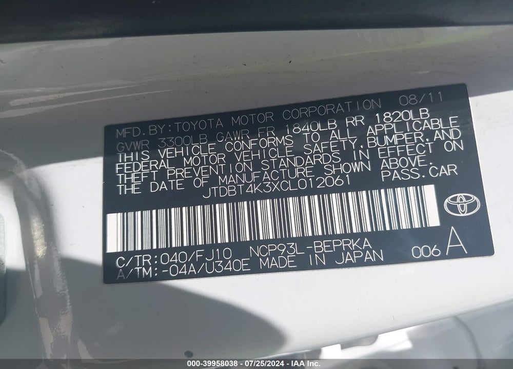 2012 TOYOTA YARIS VIN: JTDBT4K3XCL012061