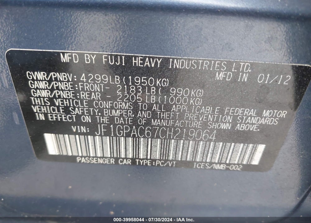 2012 SUBARU IMPREZA 2.0I PREMIUM VIN: JF1GPAC67CH219064