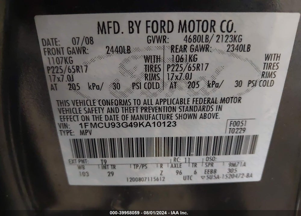 2009 FORD ESCAPE XLT VIN: 1FMCU93G49KA10123