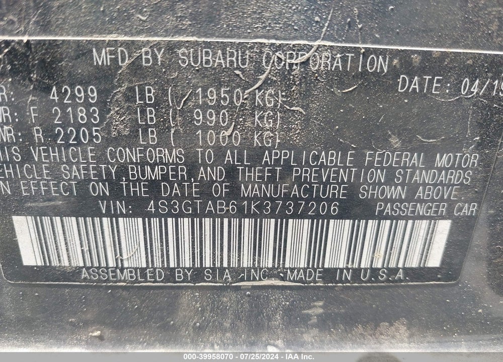 2019 SUBARU IMPREZA 2.0I VIN: 4S3GTAB61K3737206