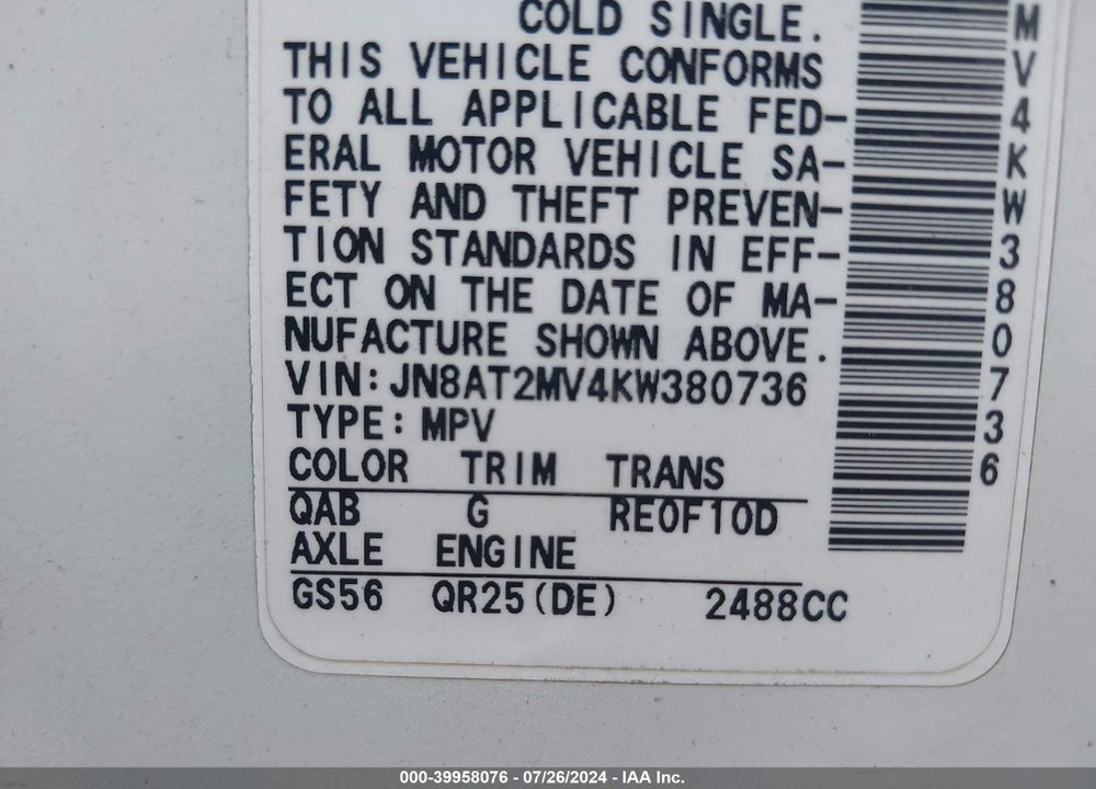 2019 NISSAN ROGUE SV VIN: JN8AT2MV4KW380736