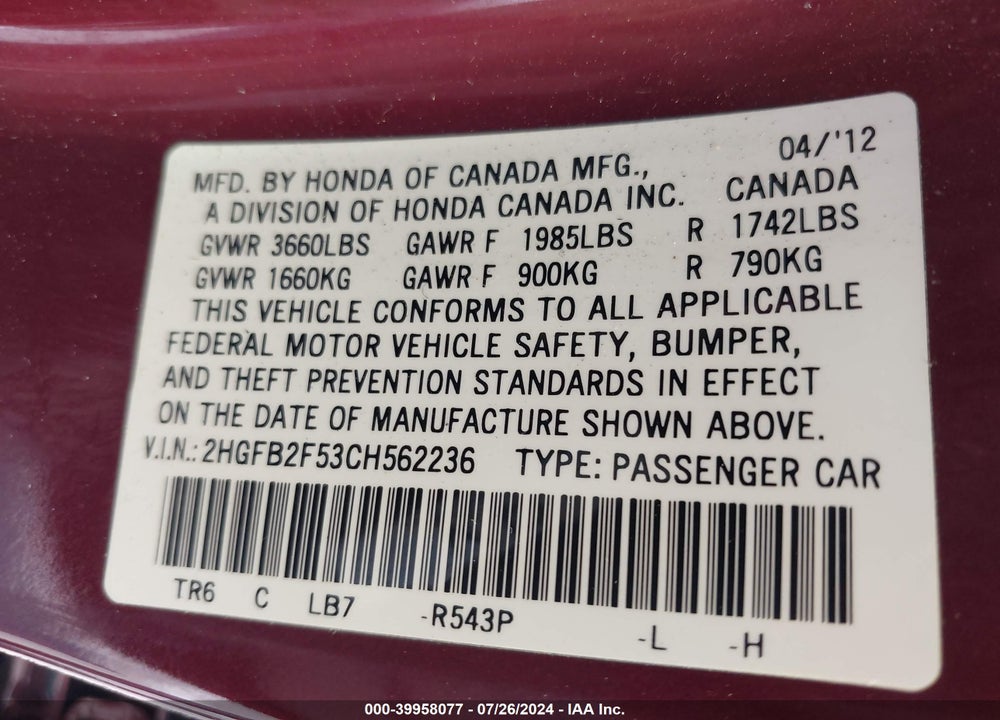 2012 HONDA CIVIC LX VIN: 2HGFB2F53CH562236
