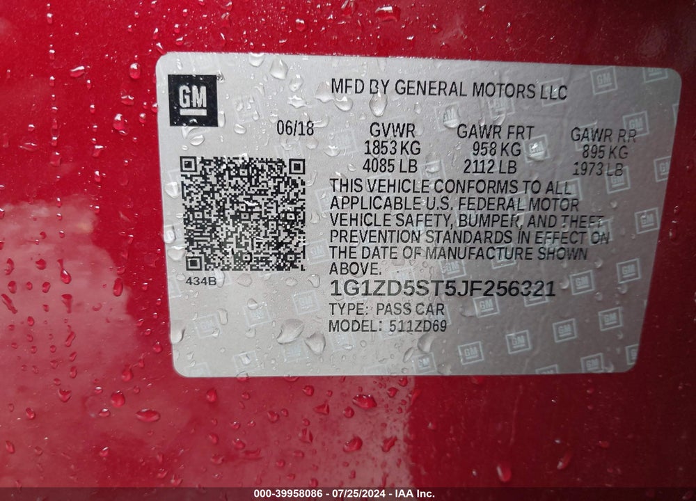 2018 CHEVROLET MALIBU LT VIN: 1G1ZD5ST5JF256321