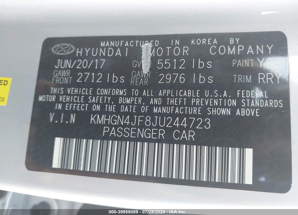 2018 GENESIS G80 5.0 ULTIMATE VIN: KMHGN4JF8JU244723