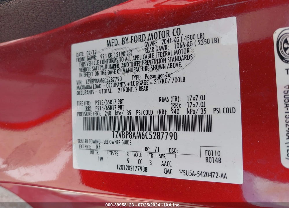 2012 FORD MUSTANG V6 VIN: 1ZVBP8AM6C5287790