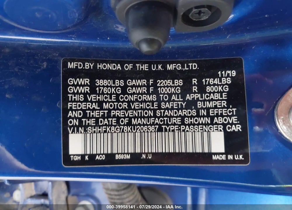 2019 HONDA CIVIC TYPE-R TOURING VIN: SHHFK8G78KU206367