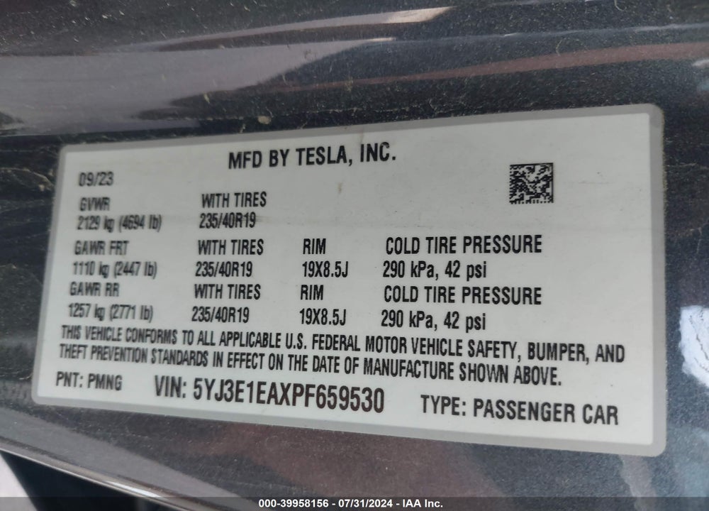2023 TESLA MODEL 3 REAR-WHEEL DRIVE VIN: 5YJ3E1EAXPF659530