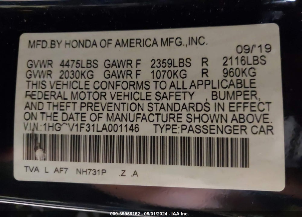 2020 HONDA ACCORD SPORT VIN: 1HGCV1F31LA001146
