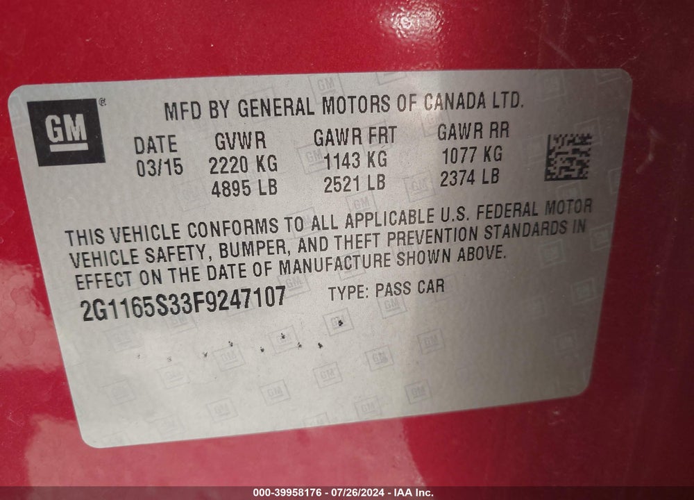 2015 CHEVROLET IMPALA 2LZ VIN: 2G1165S33F9247107