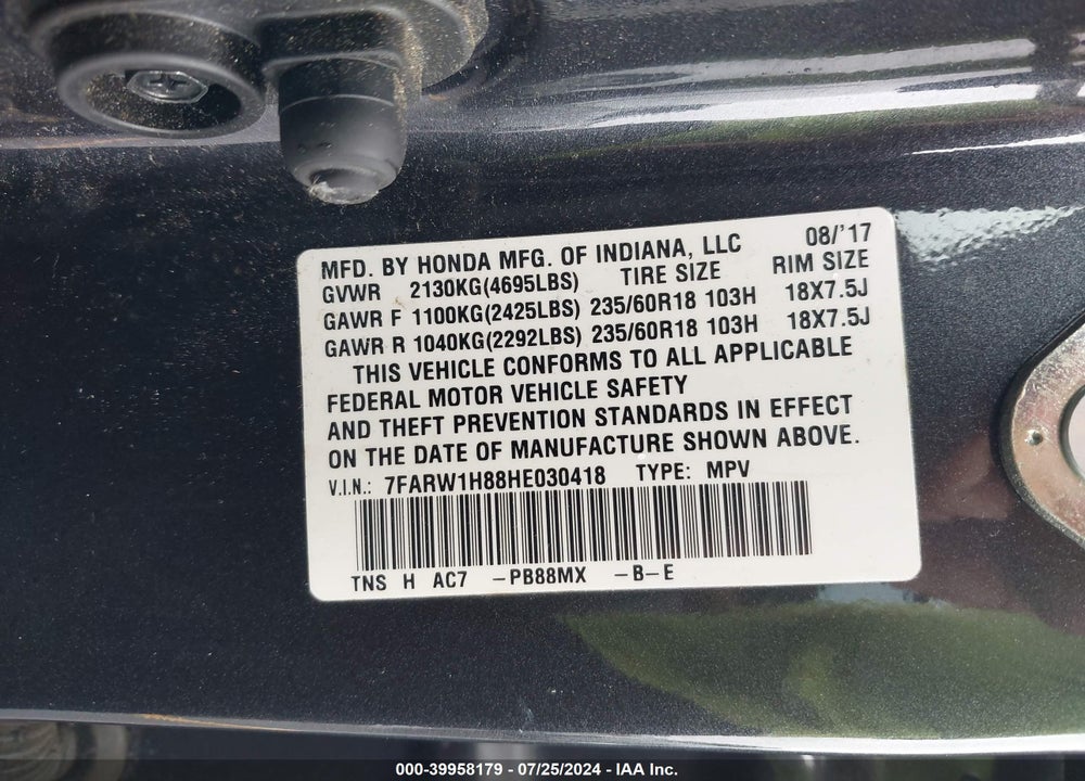 2017 HONDA CR-V EX-L/EX-L NAVI VIN: 7FARW1H88HE030418