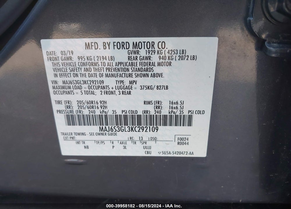 2019 FORD ECOSPORT SE VIN: MAJ6S3GL3KC292109