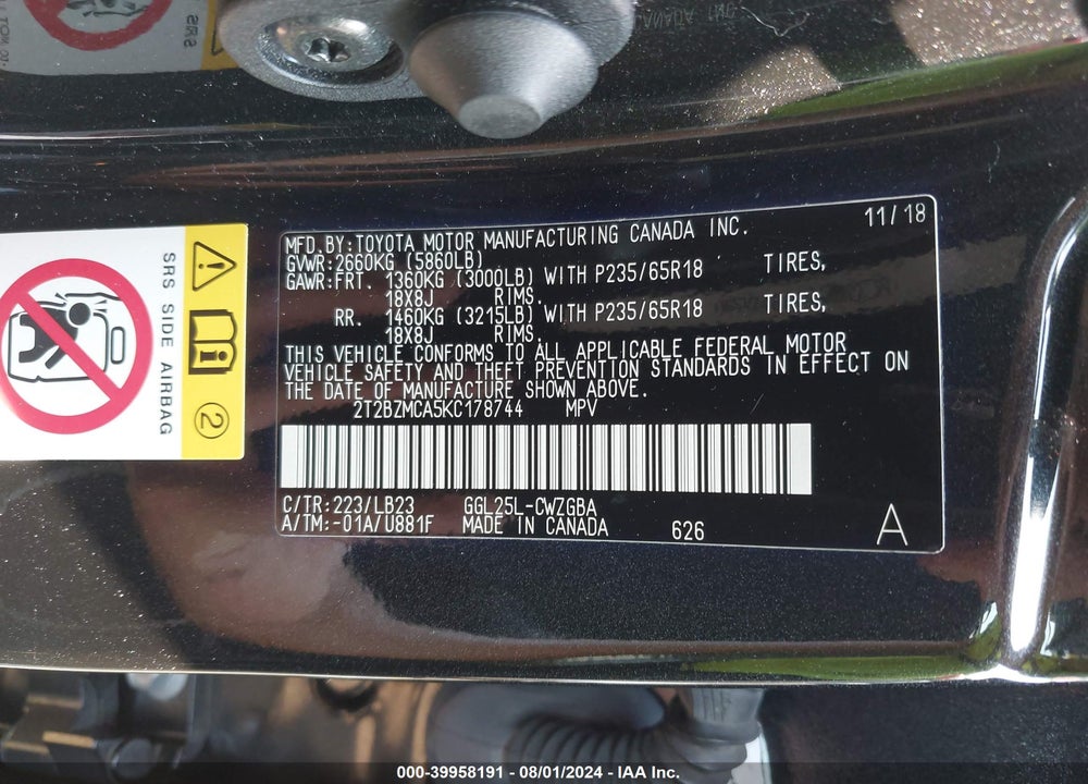 2019 LEXUS RX 350 VIN: 2T2BZMCA5KC178744