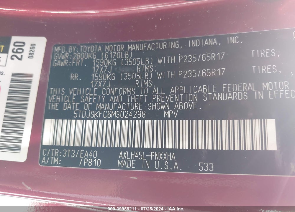 2021 TOYOTA SIENNA XLE VIN: 5TDJSKFC6MS024298