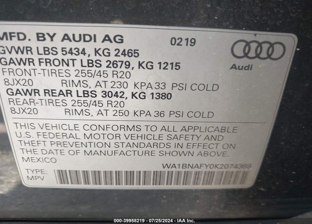 2019 AUDI Q5 45 PREMIUM VIN: WA1BNAFY0K2074369
