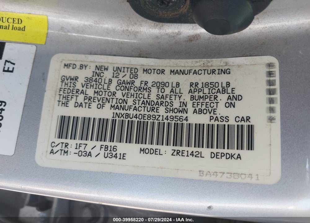 2009 TOYOTA COROLLA LE/S/XLE VIN: 1NXBU40E89Z149564