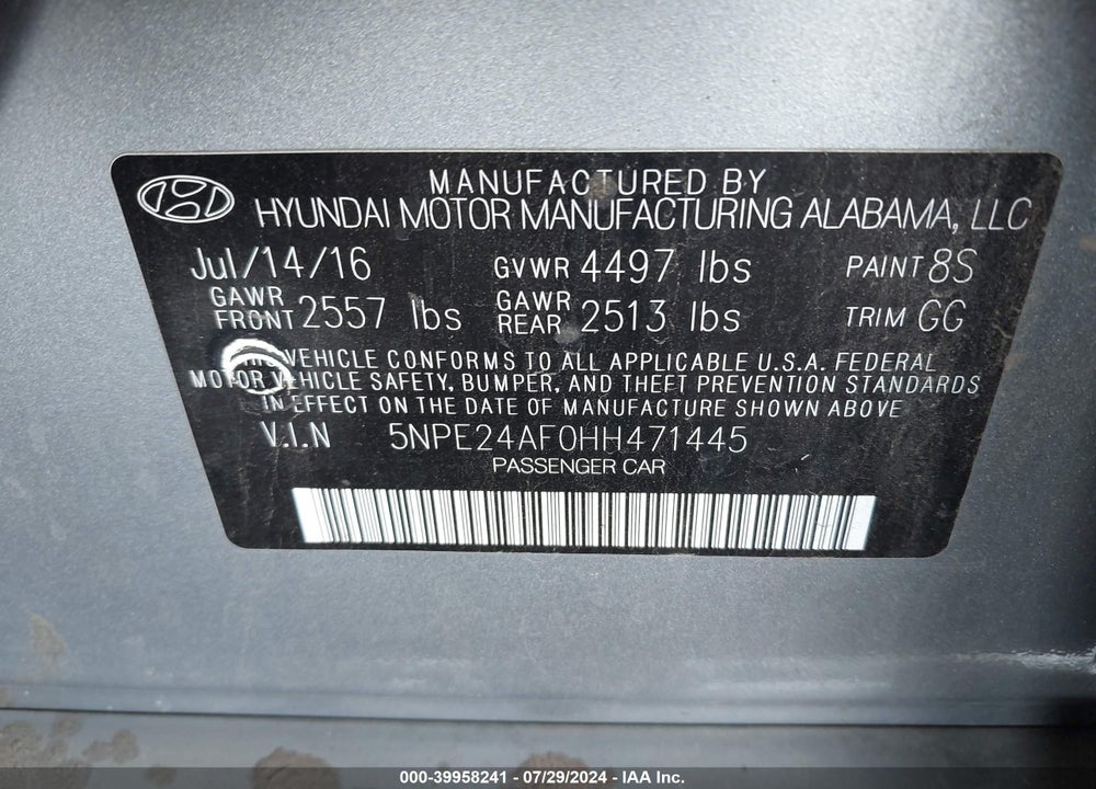 2017 HYUNDAI SONATA VIN: 5NPE24AF0HH471445