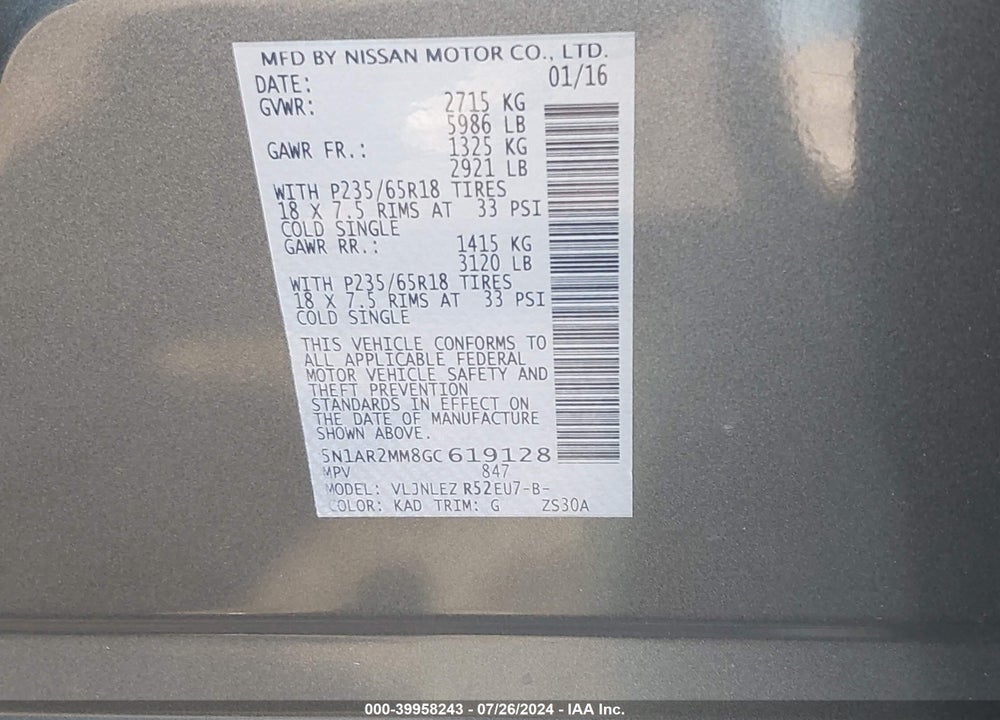 2016 NISSAN PATHFINDER PLATINUM/S/SL/SV VIN: 5N1AR2MM8GC619128