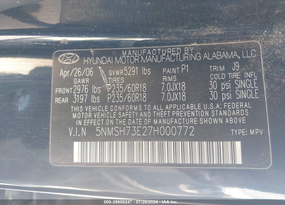 2007 HYUNDAI SANTA FE LIMITED/SE VIN: 5NMSH73E27H000772