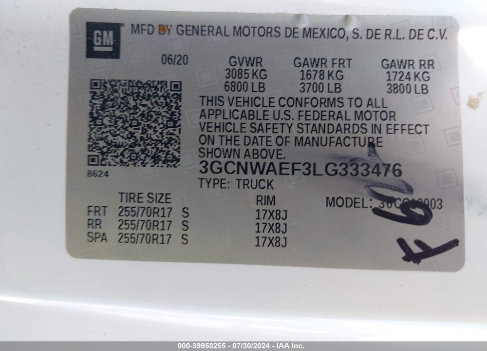 2020 CHEVROLET SILVERADO 1500 2WD REGULAR CAB LONG BED WT VIN: 3GCNWAEF3LG333476