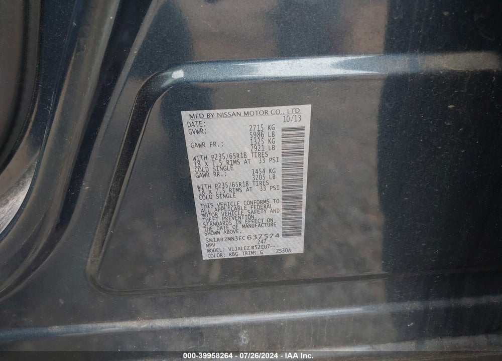 2014 NISSAN PATHFINDER SV VIN: 5N1AR2MN3EC637574