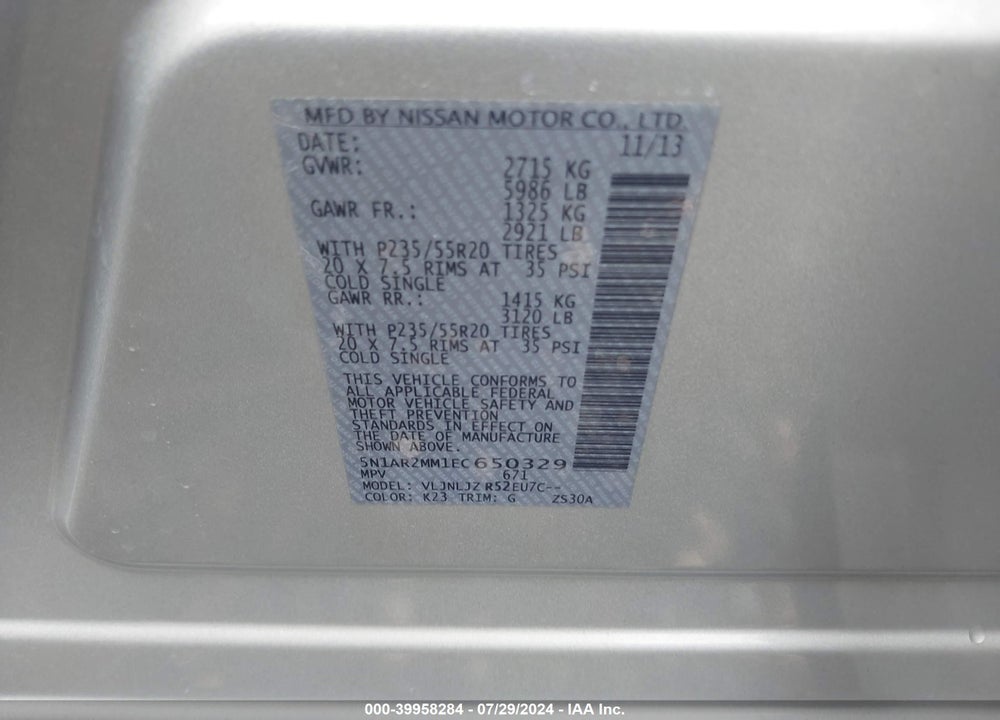 2014 NISSAN PATHFINDER PLATINUM VIN: 5N1AR2MM1EC650329