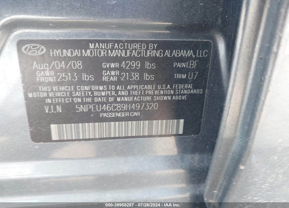 2009 HYUNDAI SONATA SE VIN: 5NPEU46C89H497320